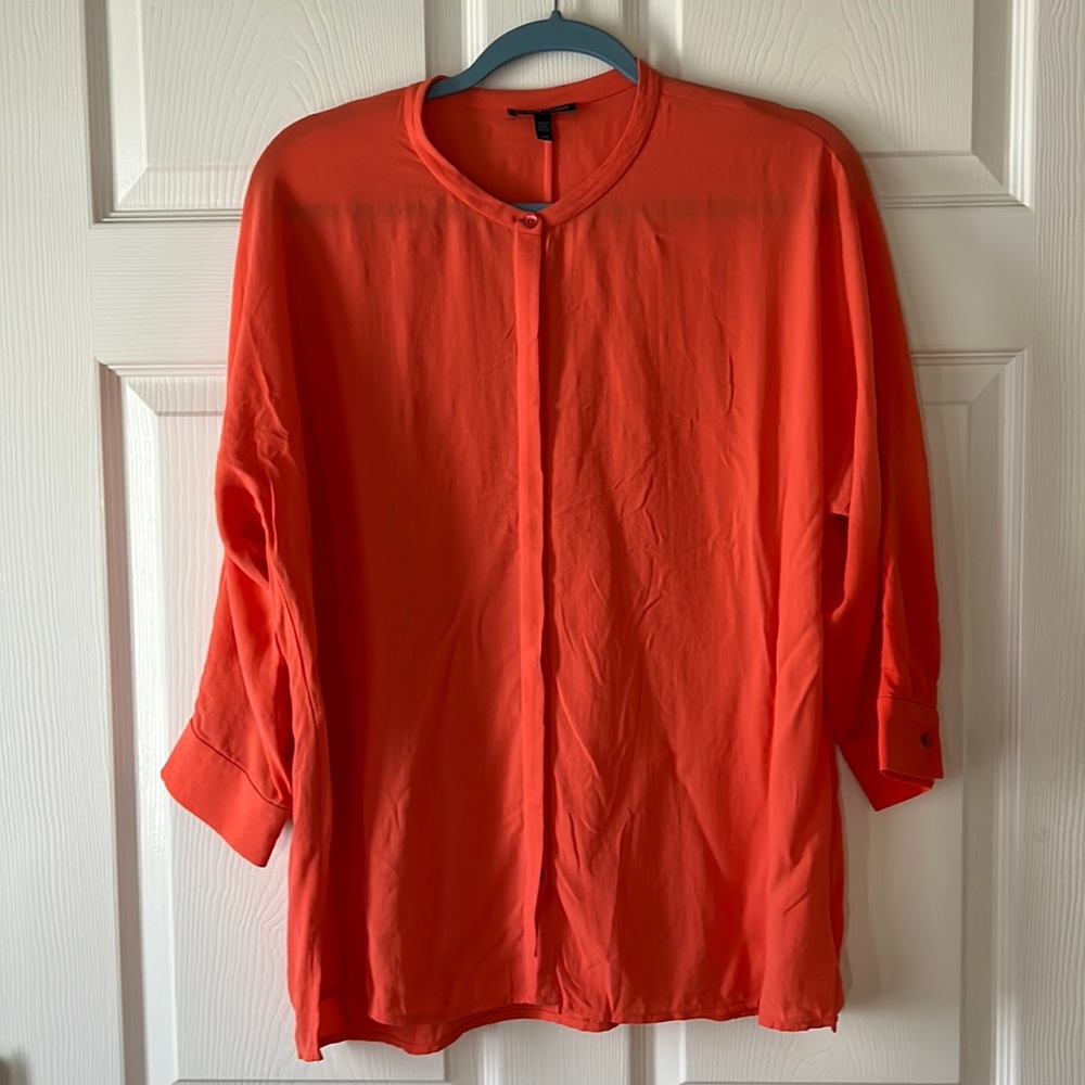 Eileen Fisher Mandarin Collar Silk Orange Button Down‎ Shirt, Sz Small